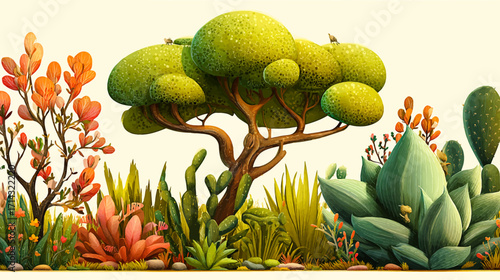 Adorable cartoon African savanna plants for left decoration: mini acacia tree with round fluffy canopy, curved branches, bouncy savanna grass, chubby aloe plants, colorful wildflowers clusters, 