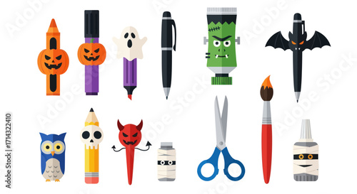 A collection of assorted Halloween-themed novelty stationery and craft supplies.