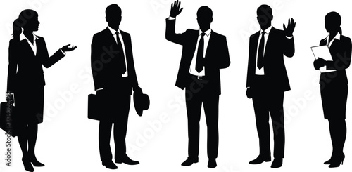 Business silhouettes, corporate professionals, office teamwork, formal attire, workplace collaboration, leadership, presentation, discussion,