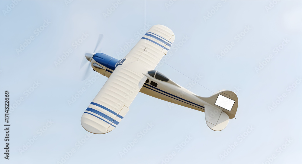 Fototapeta premium Vintage airplane soaring through the sky with a blank sign for customization, perfect for travel ads or aviation promotions showing classic style and freedom