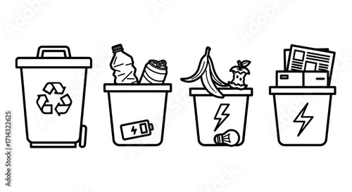 Four distinct recycling bins filled with various types of waste materials.