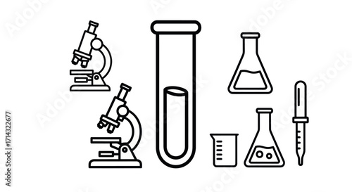 Scientific Laboratory Equipment Icons: Microscopes Test Tubes Flasks and Pipette.