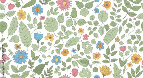 Delicate Floral and Leafy Botanical Pattern with Soft Pastel Colors.