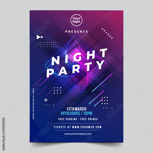Night dance party music night poster template. Electro style concert disco club party event flyer invitation