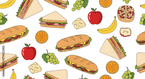 Food Pattern with Sandwiches Fruits and Snacks: A Colorful and Nutritious Design.