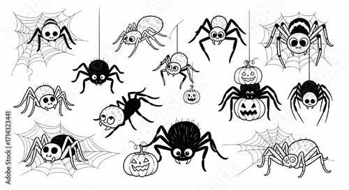A collection of cute black and white cartoon spiders, some with webs and jack-o'-lanterns, for Halloween coloring pages.