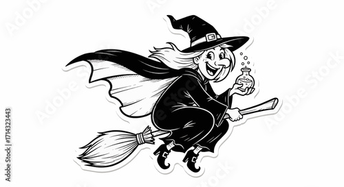 Cartoon witch flying on a broomstick holding a potion.