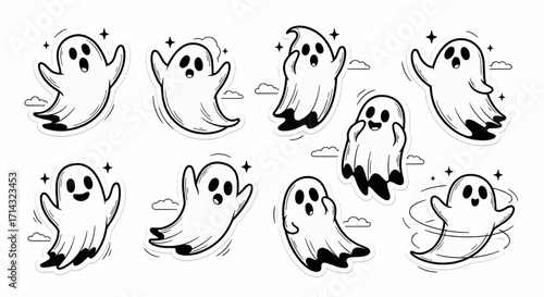 A collection of cute, hand-drawn cartoon ghosts in various poses and expressions, perfect for Halloween or spooky themes.