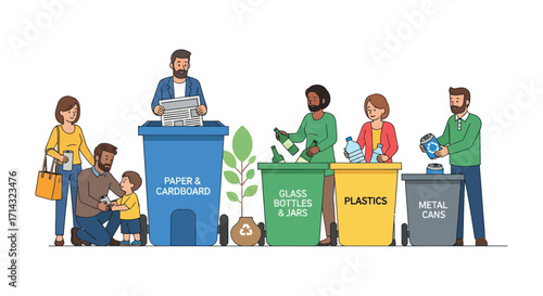 Diverse people actively participating in recycling with clearly labeled bins for paper plastic and metal.
