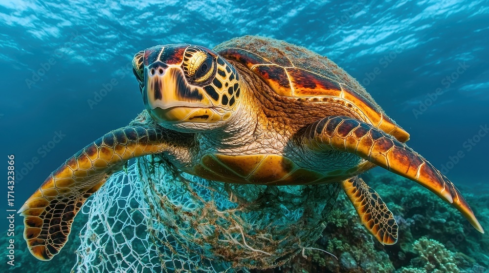 Fototapeta premium Sea Turtle Swims Through Ocean with Fishing Net Tangle