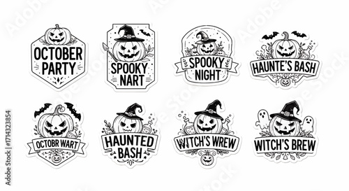 A set of eight monochrome, vintage-style Halloween badges featuring jack-o'-lanterns, witch hats, and spooky slogans for parties and events.