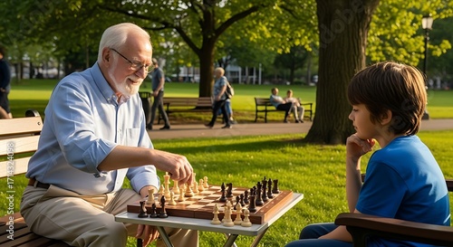 Chess game in park.