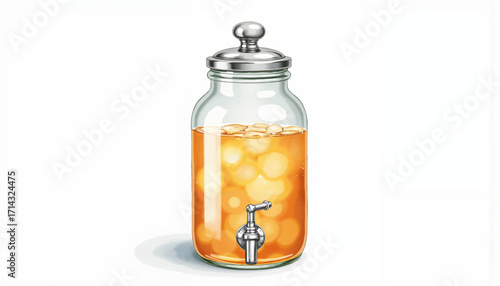 Glass drink dispenser with spigot filled with orange beverage  