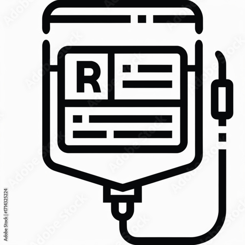 Black and white illustration of an IV bag with a label, used in medical treatments.