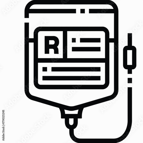 Black and white illustration of an IV bag with a label, used in medical treatments.