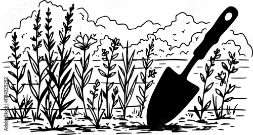 Garden vector hand drawn in garden, garden trowel silhouette in bold minimal 