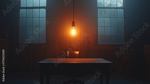 Dimly lit room, single bulb illuminates empty desk