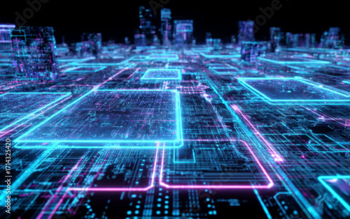 Futuristic digital circuit board with neon lights and cityscape in the background