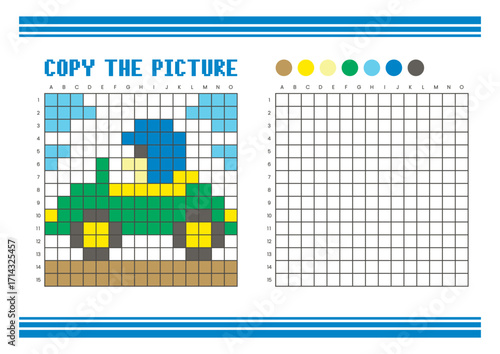 Copy the picture grid drawing worksheet for kids. Pixel art race car with driver