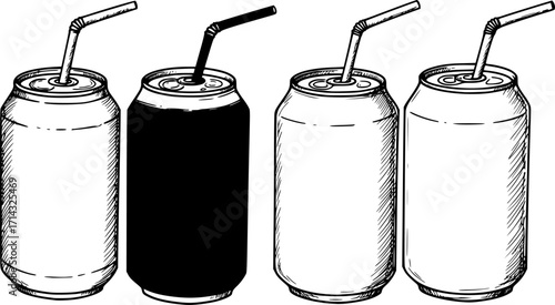 Illustration of four soda cans with straws in black and white sketch style. Vector illustration
