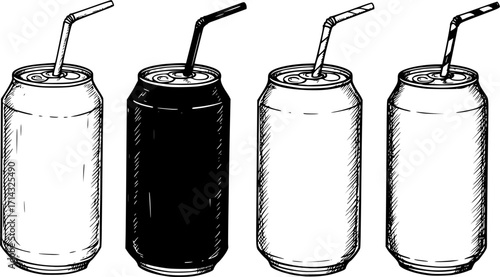 Illustration of four soda cans with straws in black and white sketch style. Vector illustration
