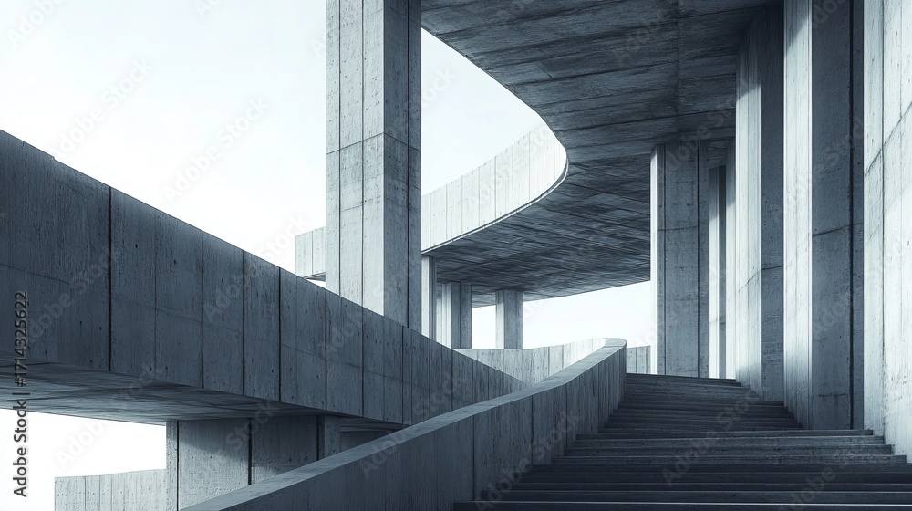 Fototapeta premium Modern Grey Architecture Featuring Stark Concrete, Minimalist Design, and Elevated Walkway Details