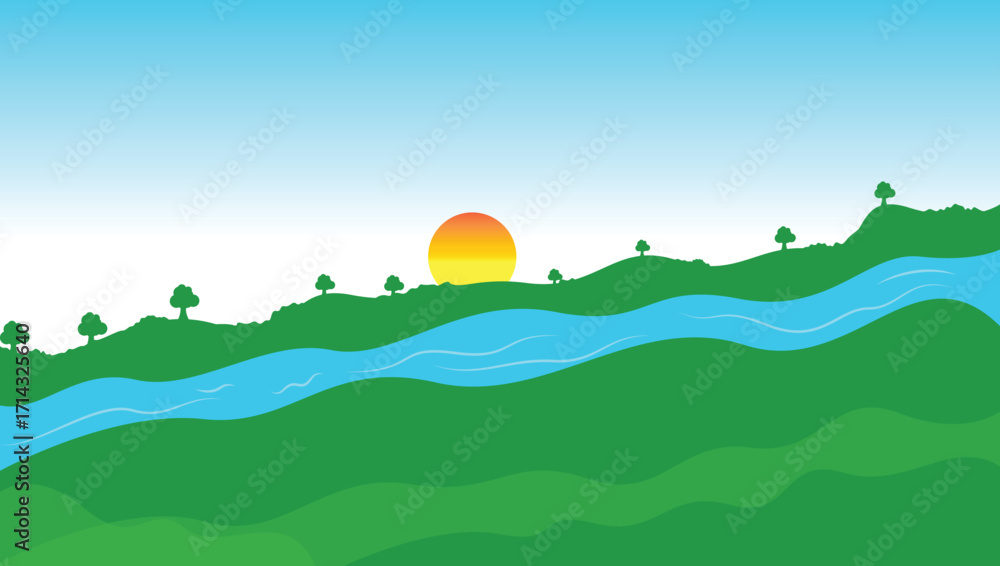 Fototapeta premium nature view for children book illustration. sunset vector image