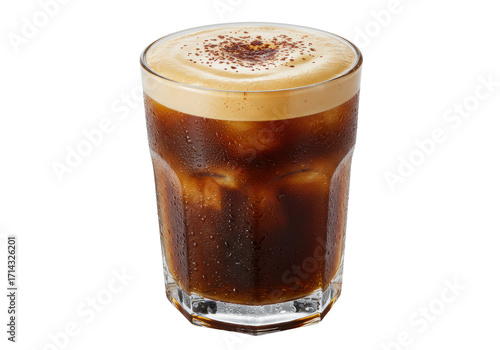 Isolated refreshing glass of iced coffee drink with cold foam topping and cocoa powder garnish