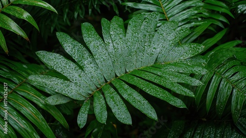 Green Tropical Fern Leaf with Water Drops on Dark Background