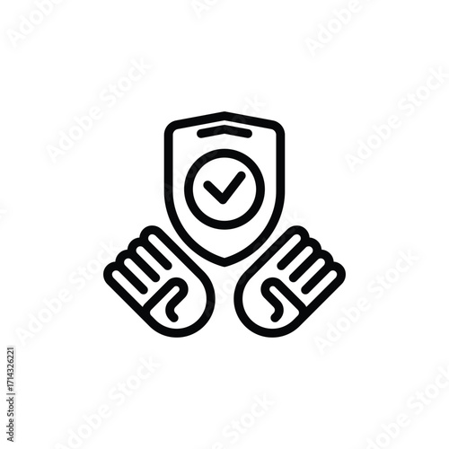 Outline Shield with Check Mark Backed by Hands on White