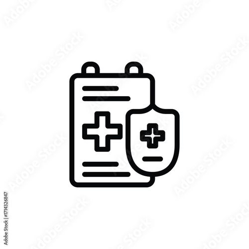 Black Outline Health Document with Medical Shield Icon on White Background