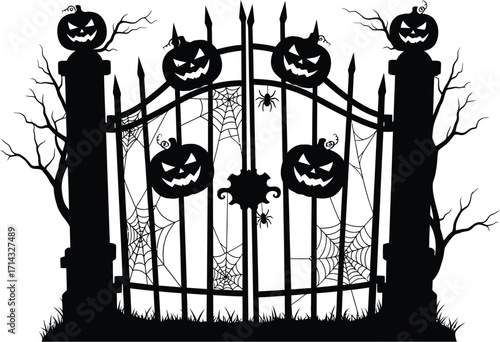 Scary halloween gate with pumpkins top, spider webs, and spiders, perfect for a halloween themed design or decoration