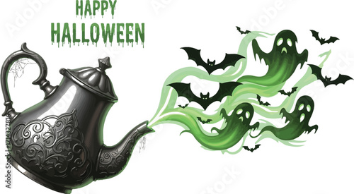 A vintage teapot spewing ghostly apparitions and bats, with words happy halloween floating above, creating a whimsical and eerie atmosphere
