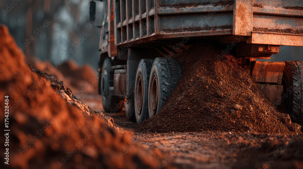 Fototapeta premium Earth Mover: A heavy-duty dump truck, in motion, efficiently unloading a load of soil, showcasing its power and contribution to the construction industry.