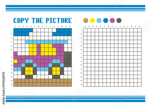 Copy the picture grid drawing worksheet for kids. Pixel art classic car
