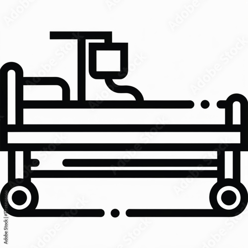 Line art illustration of a hospital bed with an IV pole and monitor, indicating patient care and medical treatment.