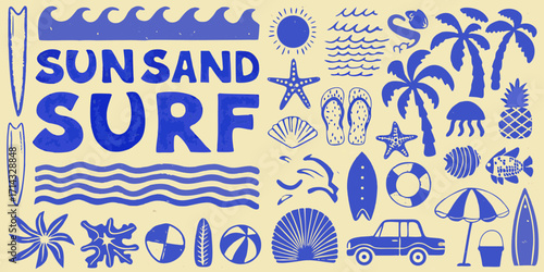 Sun sand surf text with tropical beach elements and summer vacation icons in blue