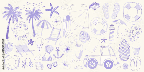 Whimsical purple summer beach vacation elements collection hand drawn style