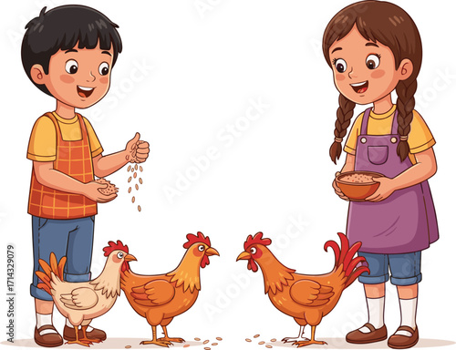 Children feeding chickens on farm, happy kids outdoor activity, rural lifestyle, agriculture learning, animal care, countryside life, childhood joy, farming responsibility