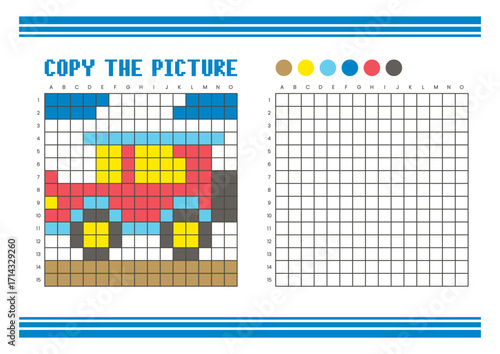Copy the picture grid drawing worksheet for kids. Pixel art classic car