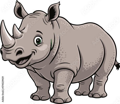 A cartoon rhino clipart with small horn, friendly smiling face, flat vector illustration.