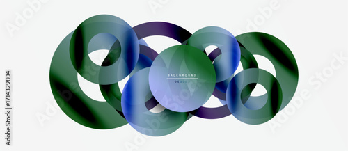 Abstract circles overlap, creating fluid shapes. Gradient colorsgreen, blue, purpleblend smoothly. Minimalist design, modern aesthetic.