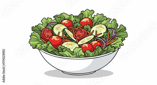 A vibrant and fresh salad in a white bowl, featuring crisp lettuce, juicy tomatoes, sliced cucumbers, and red onions, isolated on a