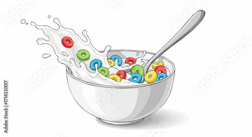 A bowl of colorful cereal with milk splashing out