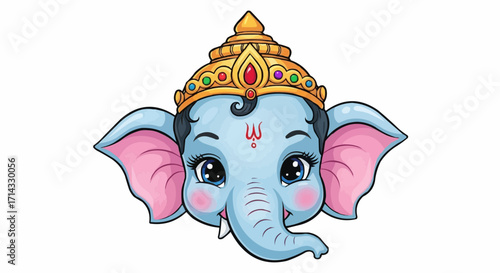 Cute cartoon illustration of lord ganeshas face, a beloved hindu deity, wearing a golden crown and isolated on a