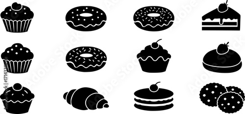 Traditional European and American dessert and popular cake black silhouette icons set on white. Vector stencil clipart, minimalist bakery sign or logo design