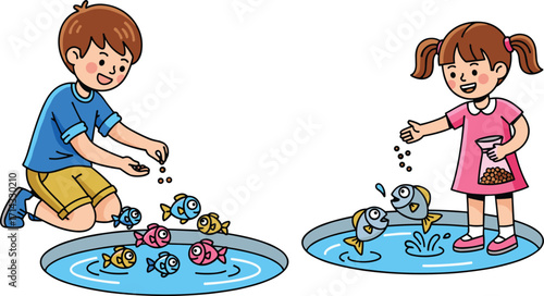 Children feeding fish in cartoon illustration, boy and girl with colorful fish, educational activity, playful kids, aquatic learning, responsibility