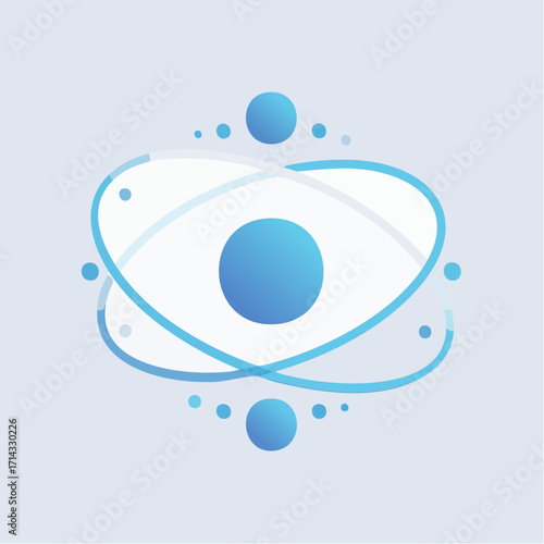 Visual representation of an atom with orbiting particles in a flat design style