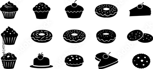 Traditional European and American dessert and popular cake black silhouette icons set on white. Vector stencil clipart, minimalist bakery sign or logo design