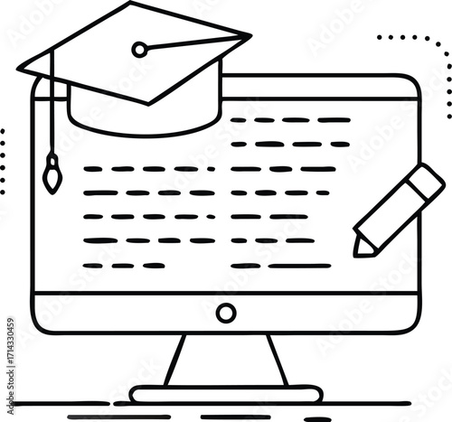 Computer screen graduation cap pencil online education learning concept digital knowledge sharing icon vector